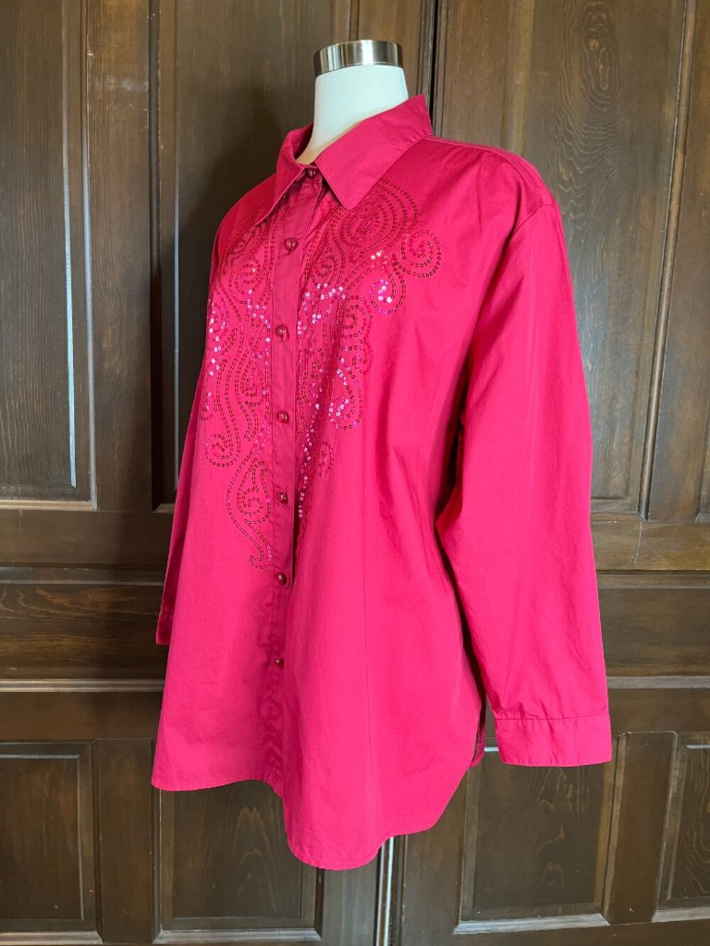 Bob Mackie Wearable Art Sequin Embellished Button Up Shirt Vibrant Red Holiday2X - Picture 4 of 11